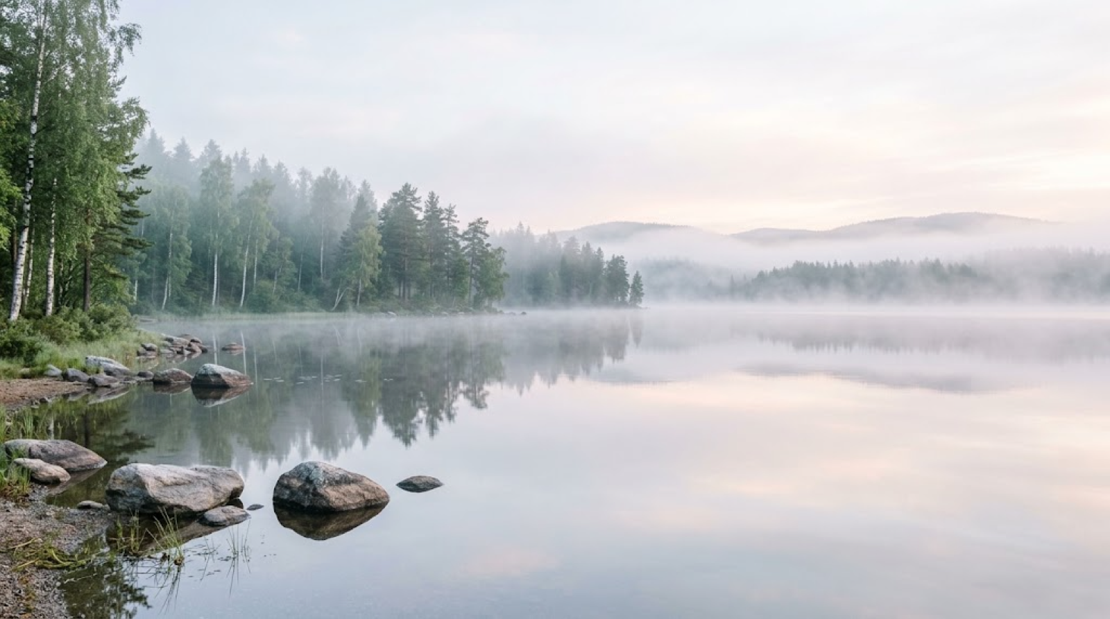 Dimmig sjö och skog i Dalarna vid gryning