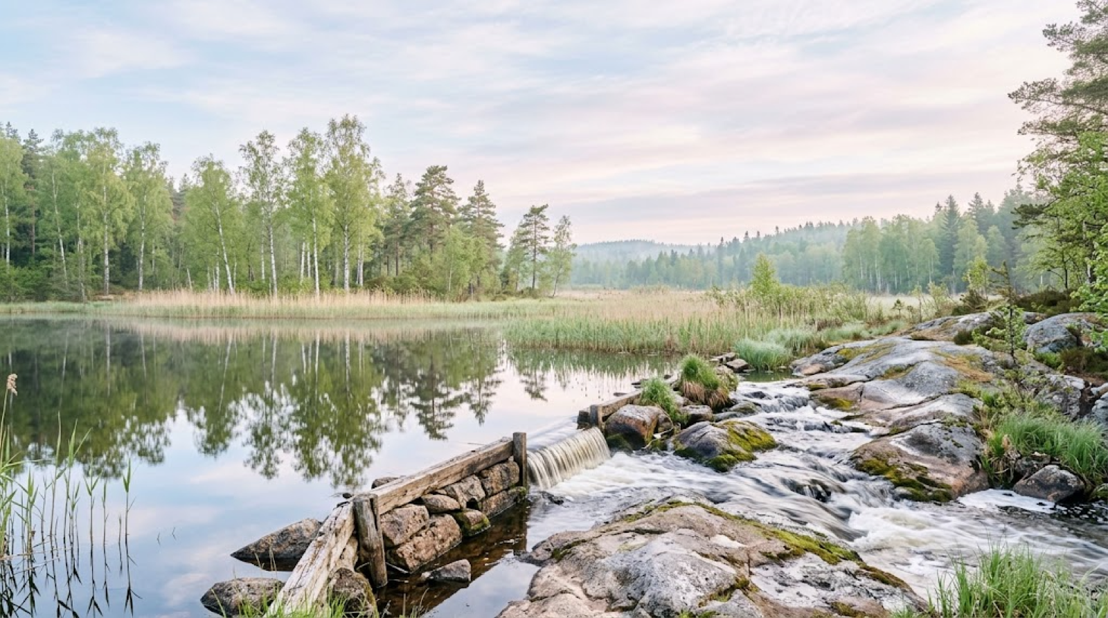 Ett stilla, uppdämt vatten som rinner över i en brusande fors i ett svenskt sommarlandskap